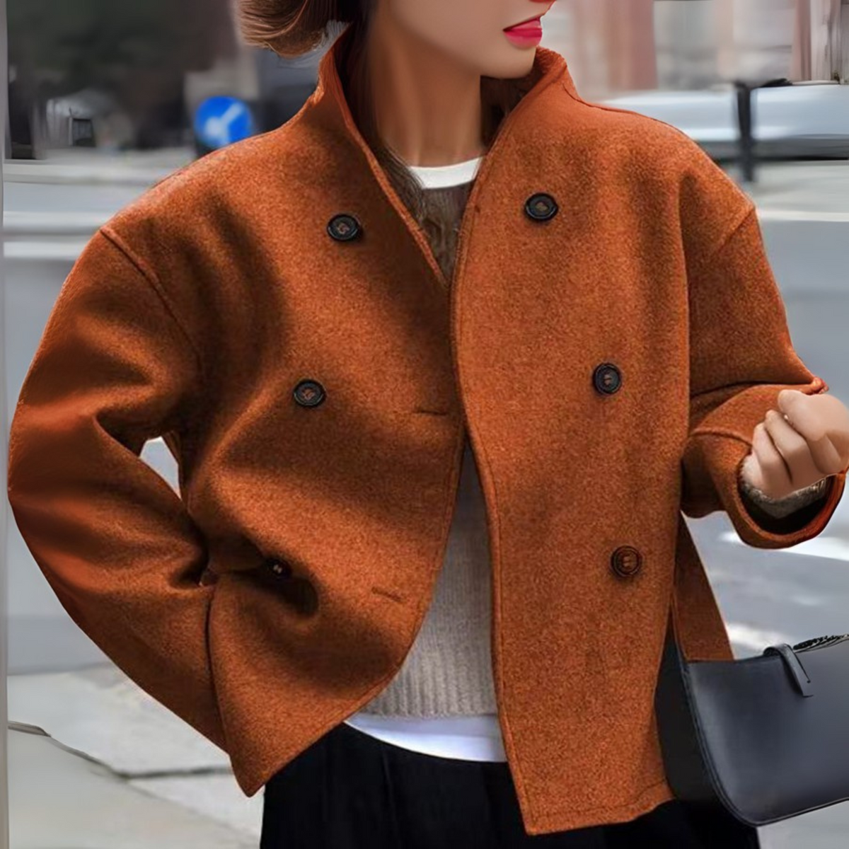 Women's Brown Cozy Double-Breasted Stand Collar Autumn Coat