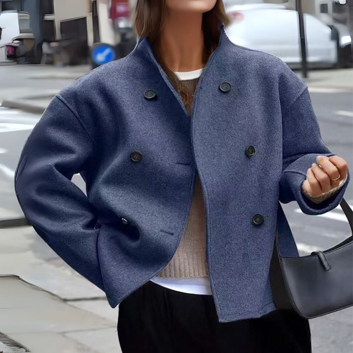Women's Blue Cozy Double-Breasted Stand Collar Autumn Coat