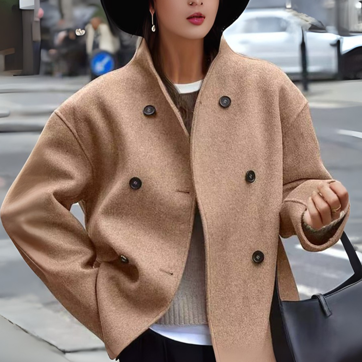 Women's Camel Cozy Double-Breasted Stand Collar Autumn Coat