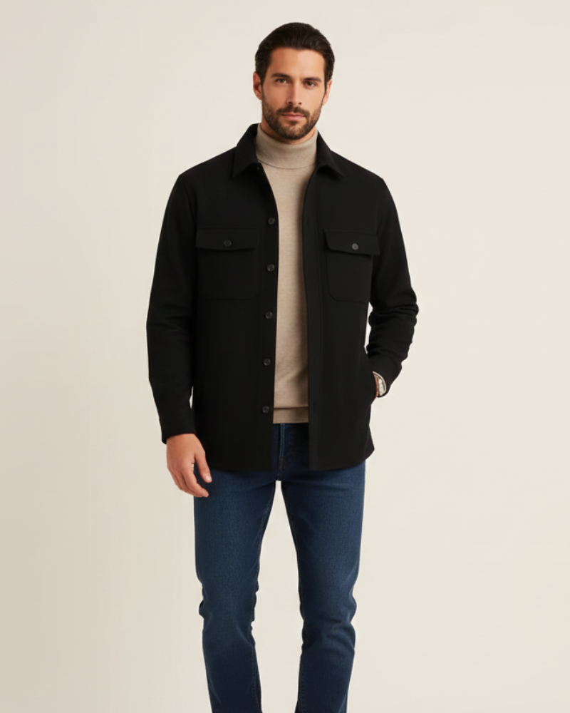 Men's cotton overshirt shacket worn as a lightweight autumn layer in black