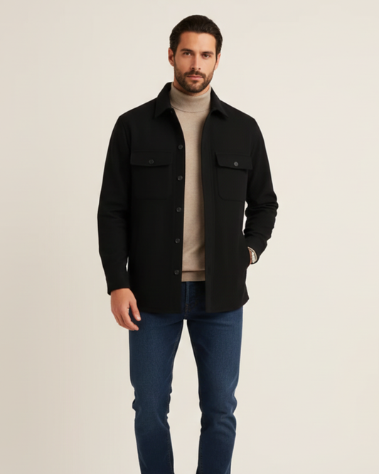 Men's cotton overshirt shacket worn as a lightweight autumn layer in black