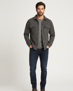 Men's cotton overshirt shacket worn as a lightweight autumn layer in black