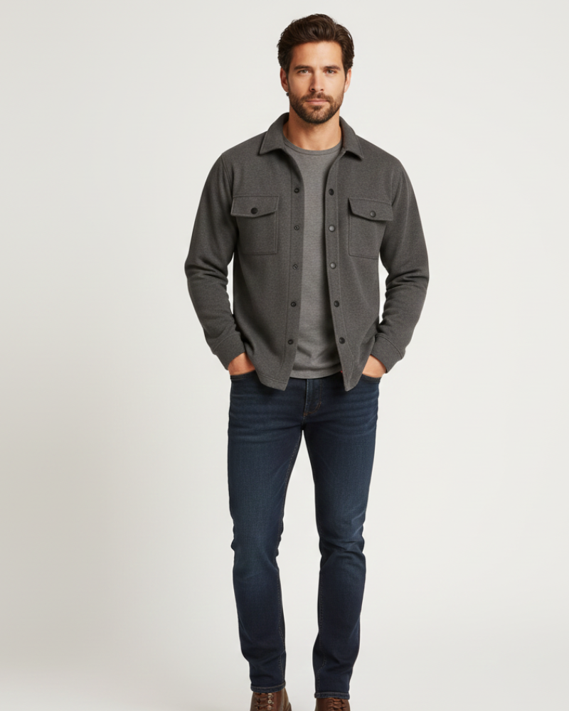 Men's cotton overshirt shacket worn as a lightweight autumn layer in black