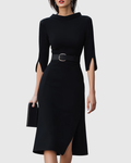 Black belted midi dress, front view