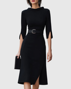 Black belted midi dress, front view