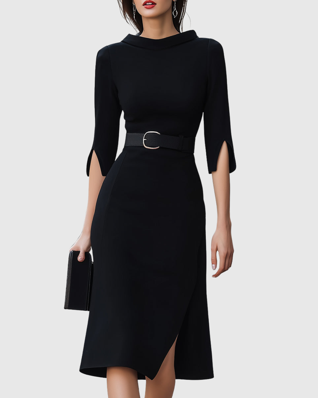Black belted midi dress, front view