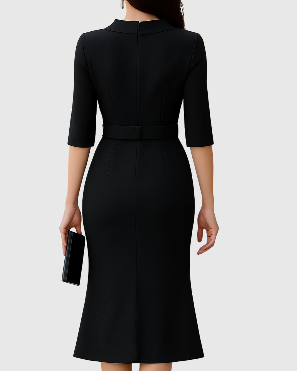 Black belted midi dress, back view