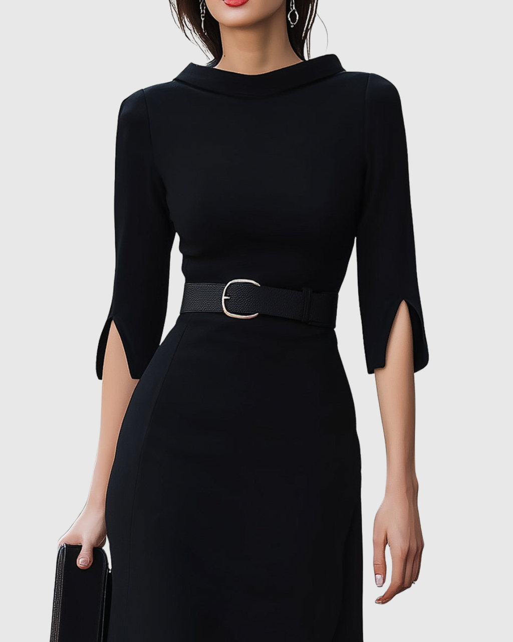 Close-up of split-cuff sleeve on black midi dress