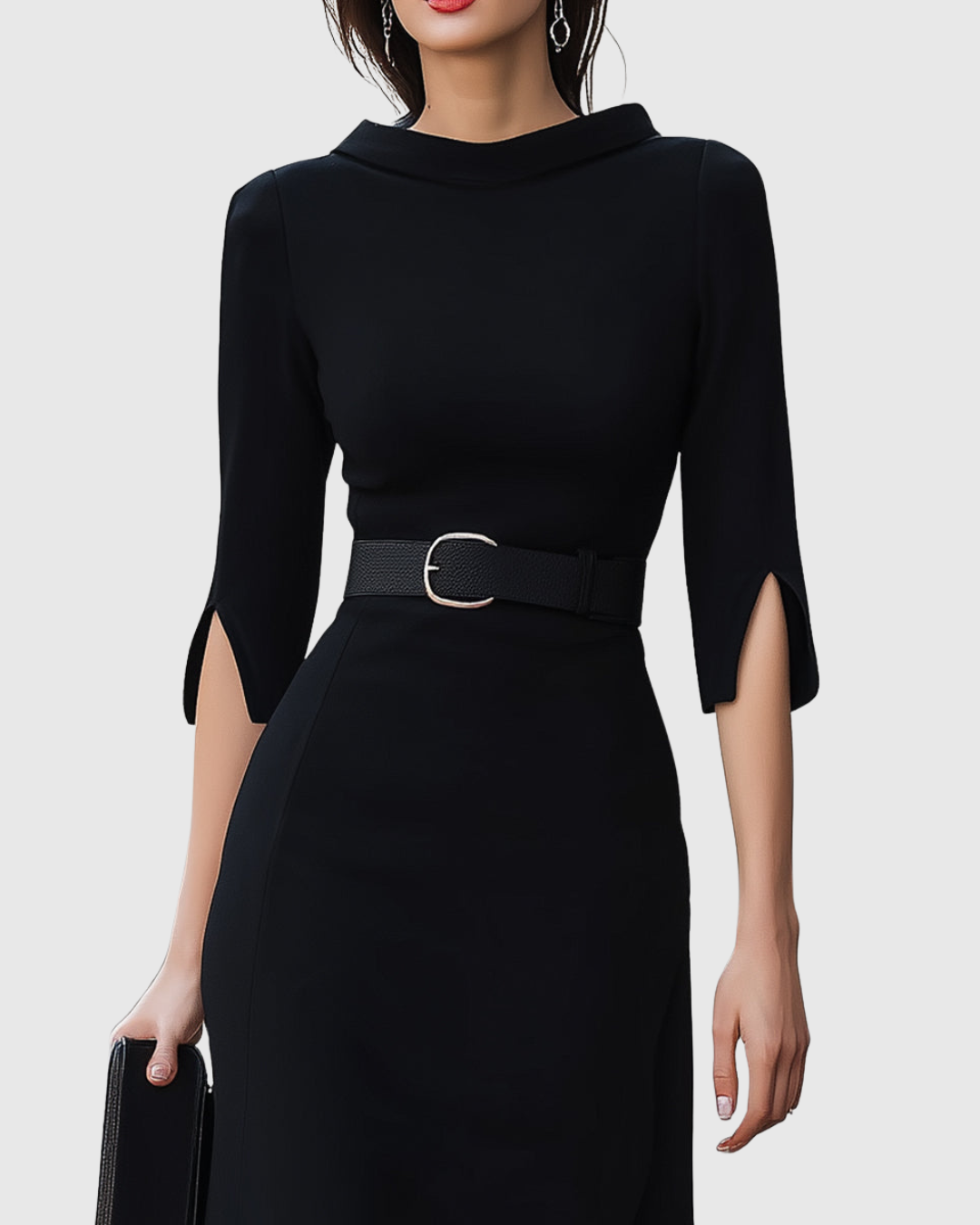 Close-up of split-cuff sleeve on black midi dress