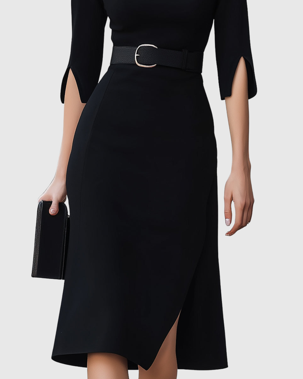 Close-up of belt detail on black midi dress