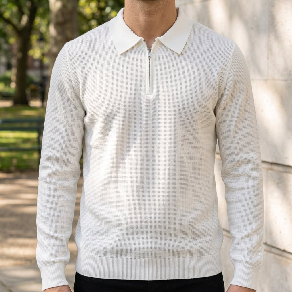 Men's chestnut tan ribbed quarter zip jumper for autumn layering
