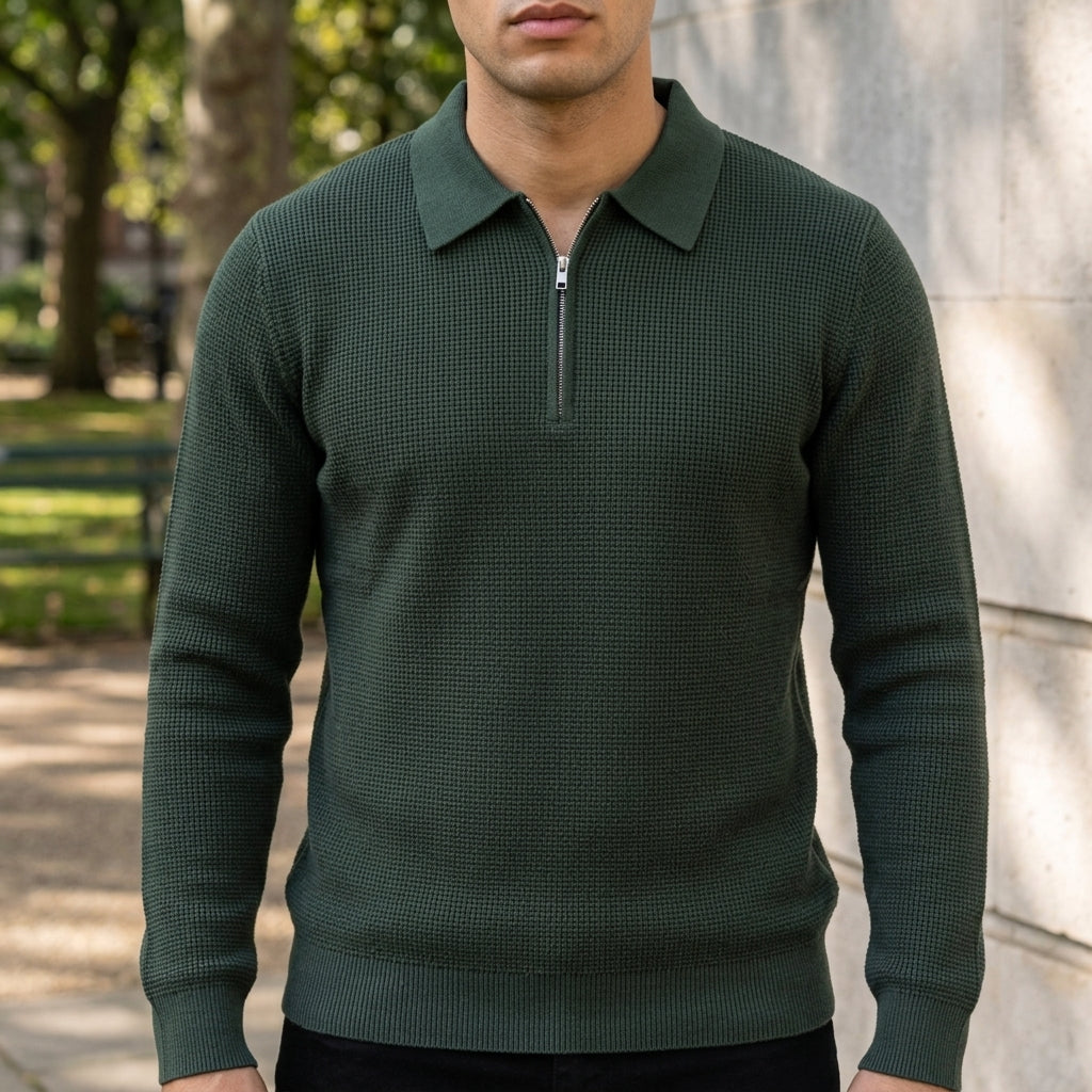 Men's chestnut tan ribbed quarter zip jumper for autumn layering