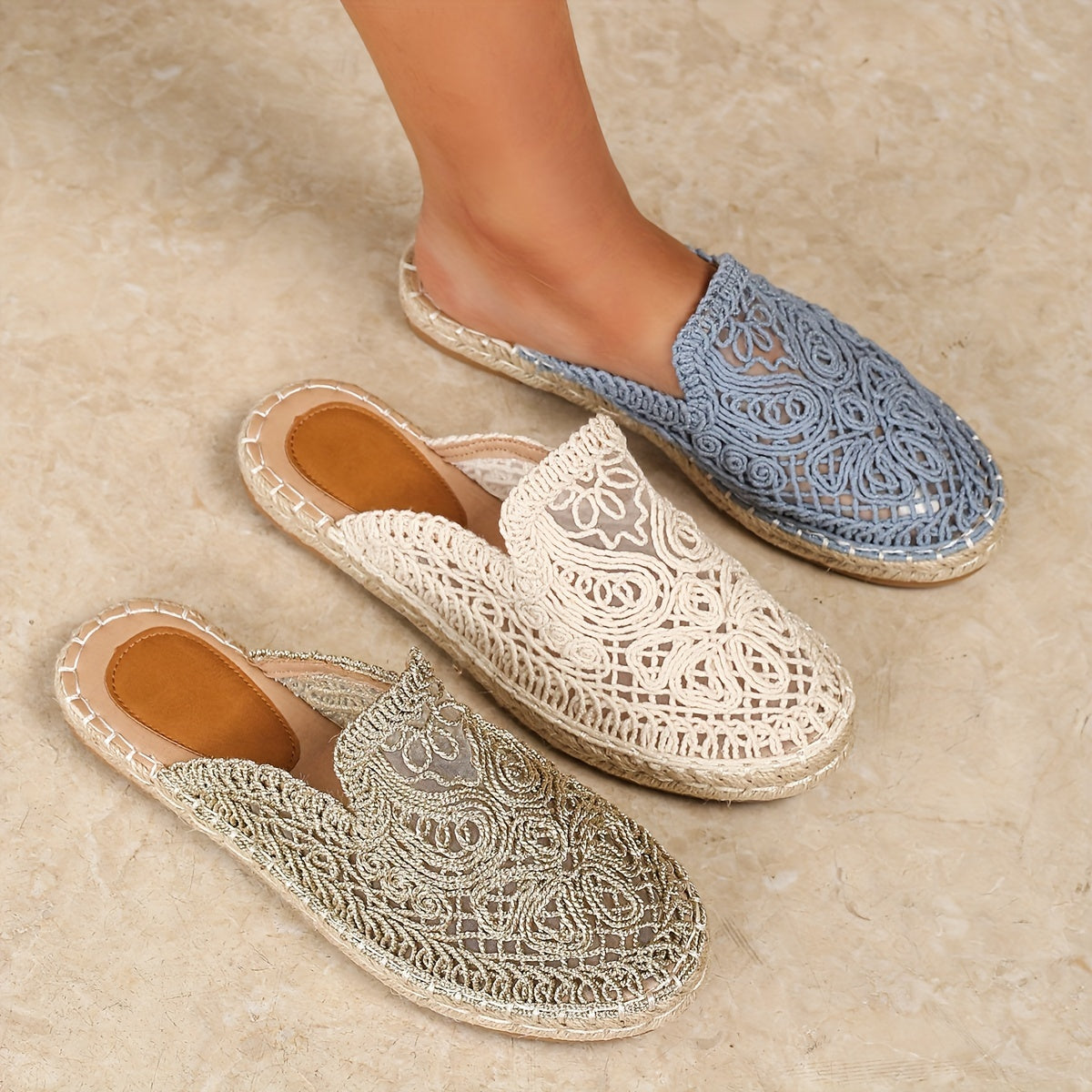 Woven slip-on mules, side view