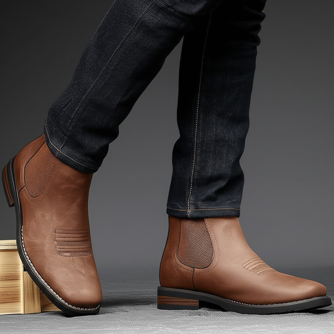 Men's leather Chelsea boots with elastic side panel, product still life