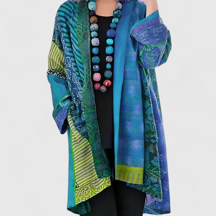 Women's Elegant Longline Boho Patchwork Print Open-Front Cardigan