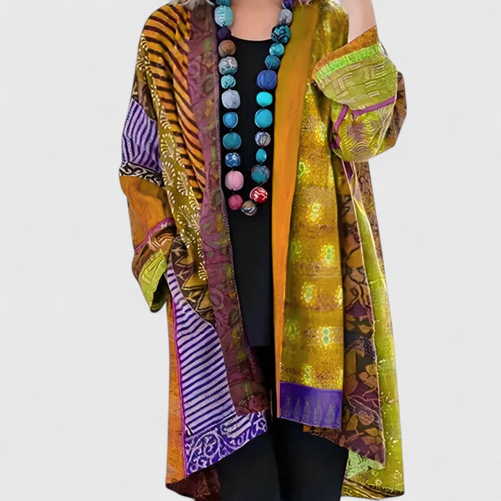 Women's Elegant Longline Boho Patchwork Print Open-Front Cardigan