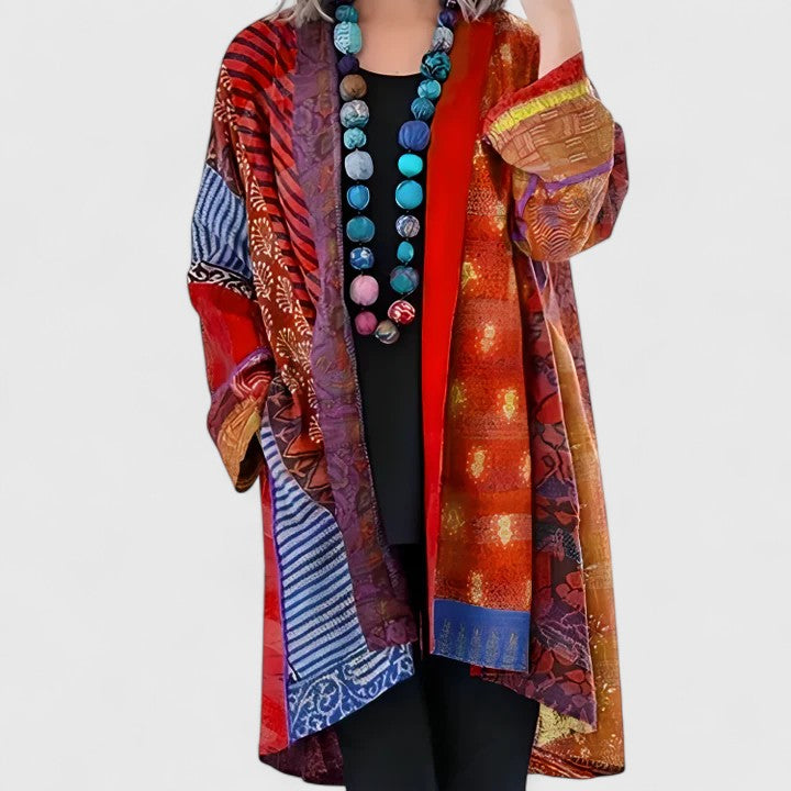 Women's Elegant Longline Boho Patchwork Print Open-Front Cardigan