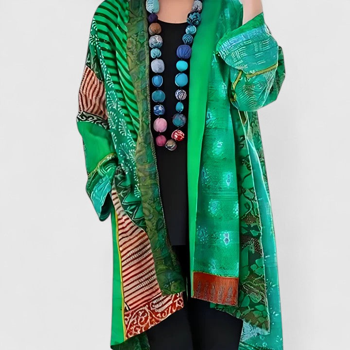 Women's Elegant Longline Boho Patchwork Print Open-Front Cardigan