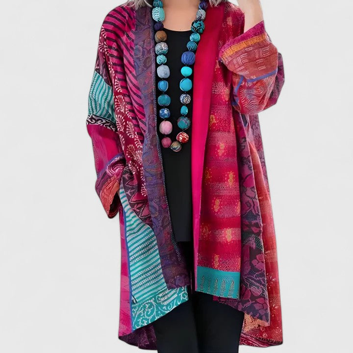 Women's Elegant Longline Boho Patchwork Print Open-Front Cardigan