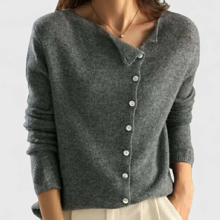 Women's Asymmetric Button Fine Knit Cardigan With Fitted Silhouette