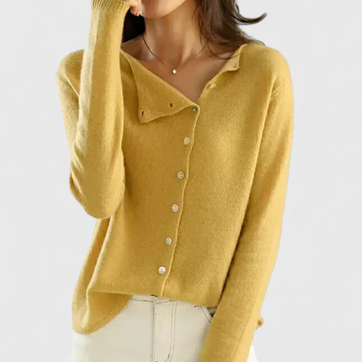 Women's Asymmetric Button Fine Knit Cardigan With Fitted Silhouette