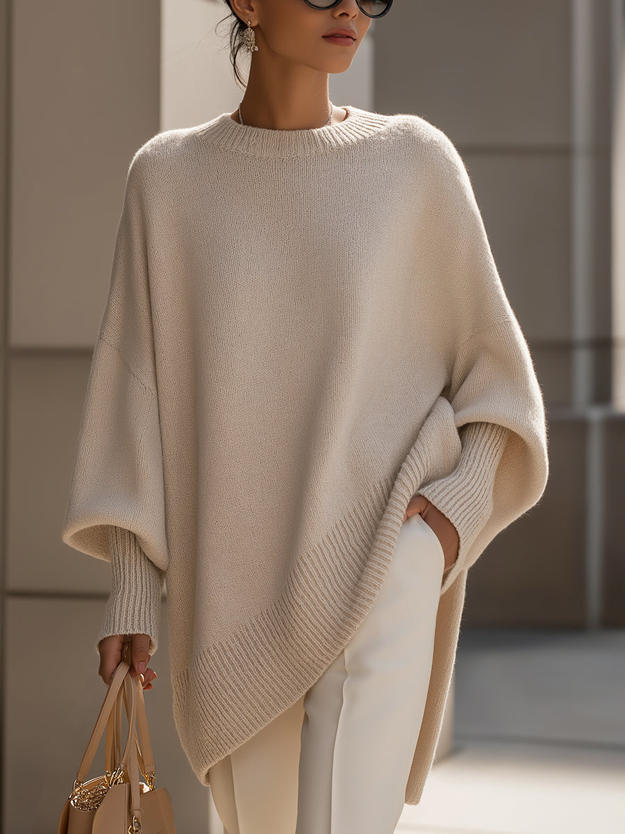 Women's Beige Asymmetric Hem Relaxed Knitted Autumn Jumper