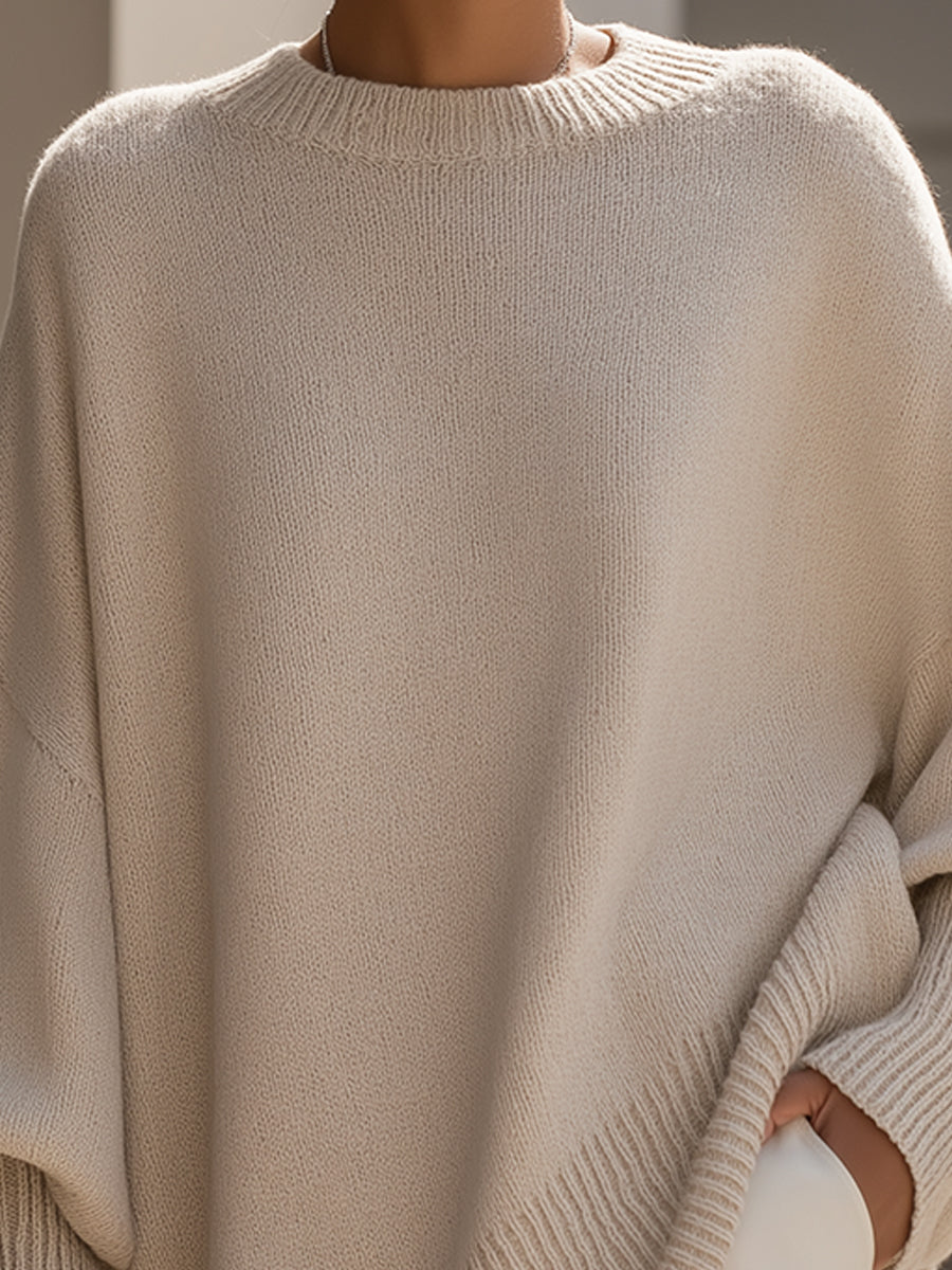 Women's Beige Asymmetric Hem Relaxed Knitted Autumn Jumper