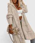 Women's beige longline hooded knit cardigan for cool days