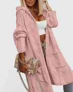 Women's beige longline hooded knit cardigan for cool days
