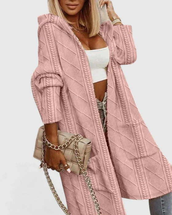 Women's Pink Hooded Longline Knit Cardigan