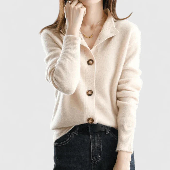 Women's beige minimalist soft knit cardigan for everyday layering