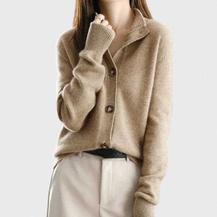 Women's Beige Long-Sleeve Button-Front Collared Autumn Cardigan