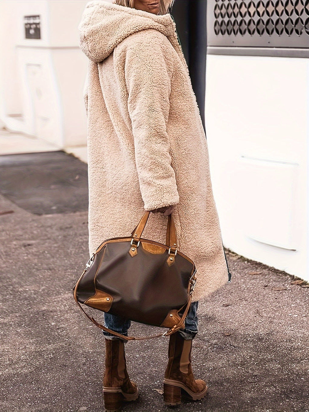 Beige reversible long coat with relaxed fit