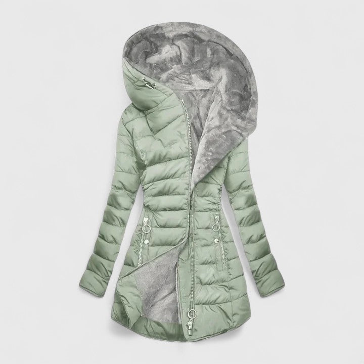 Women's light green longline coat finished with a faux fur lining