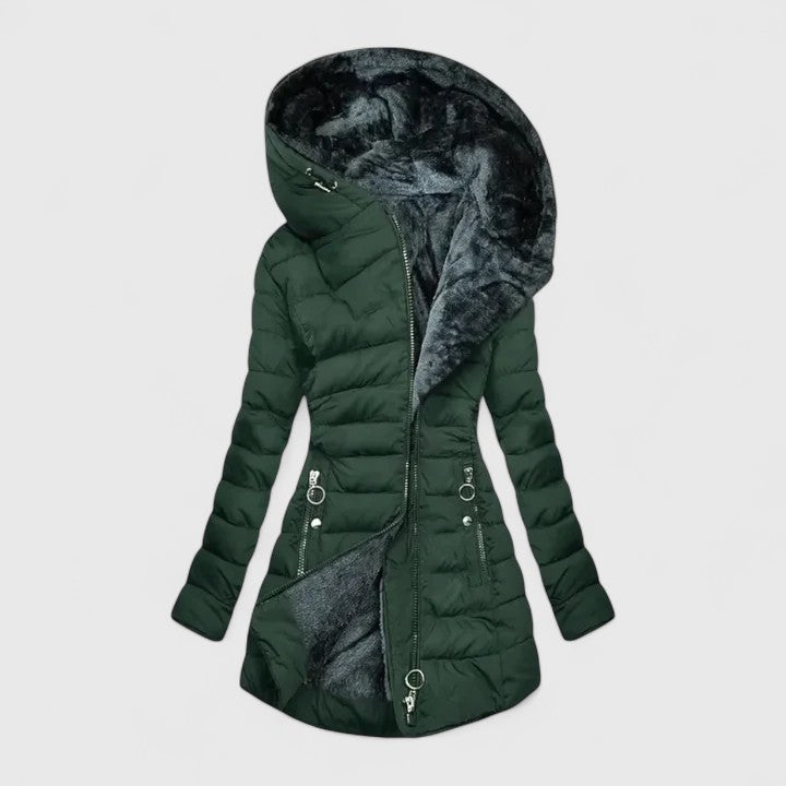Women's light green longline coat finished with a faux fur lining