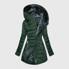 Women's light green longline coat finished with a faux fur lining