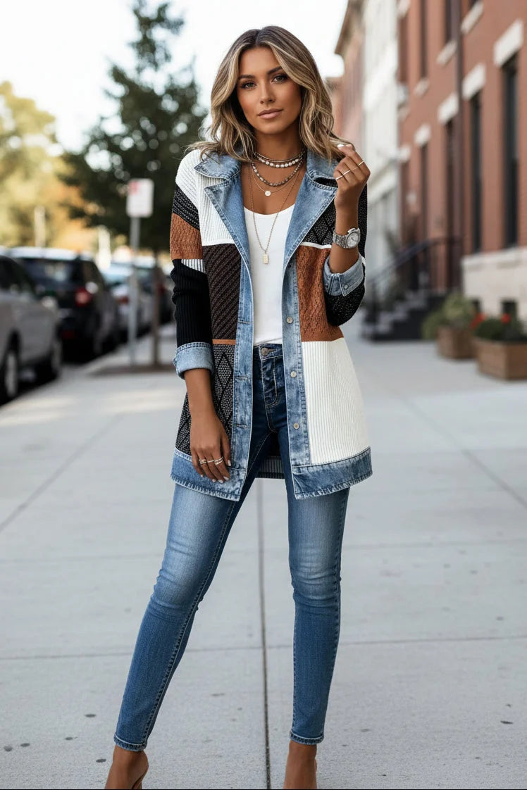 Women's multicolour ribbed knit cardigan with denim collar