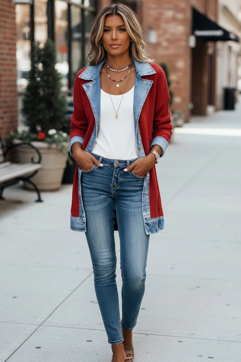 Women's red ribbed knit cardigan with denim collar