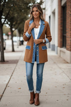 Women's caramel ribbed knit cardigan with denim collar