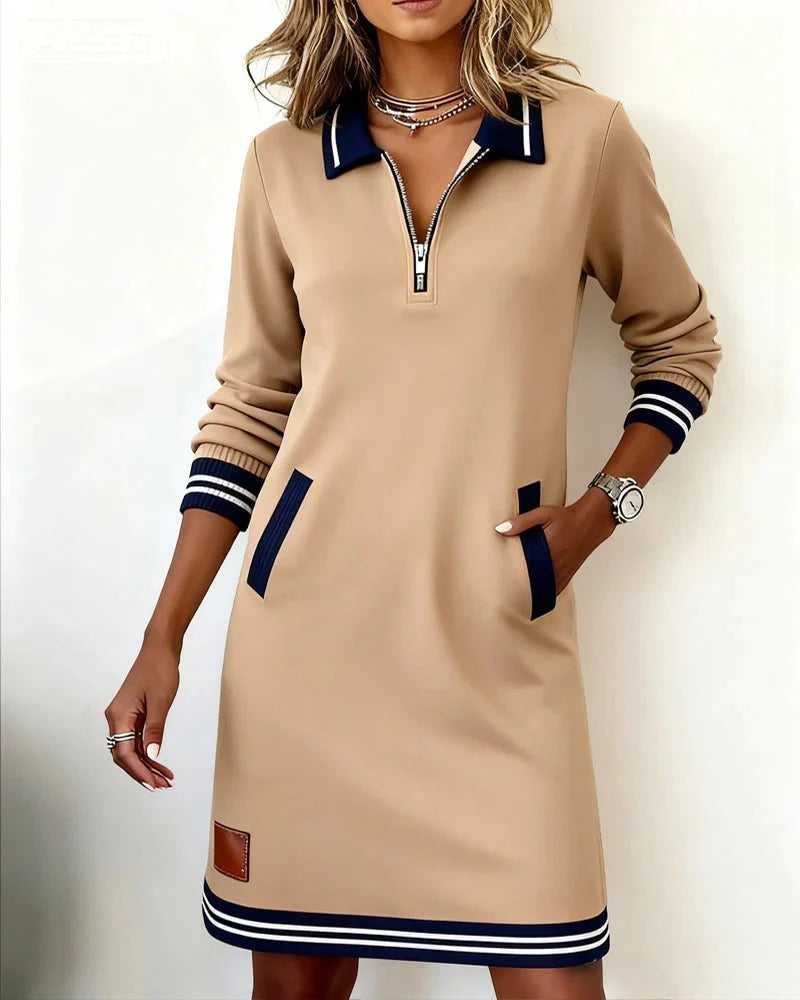 Women's beige half zip sweatshirt dress