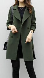Women's Green Double-Breasted Trench Coat for Autumn Layering