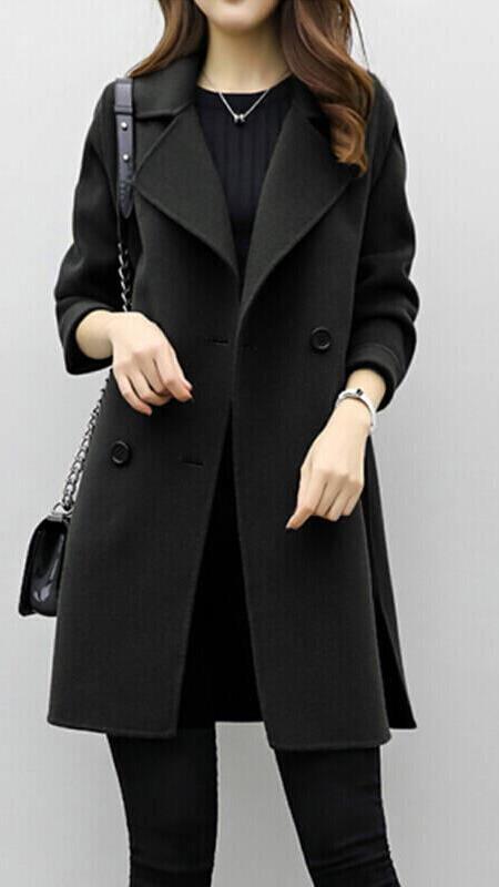 Women's Black Double-Breasted Trench Coat for Autumn Layering