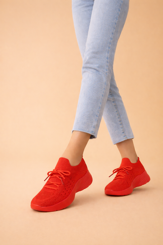 Women's red slip-on knit trainers with a cushioned rubber sole