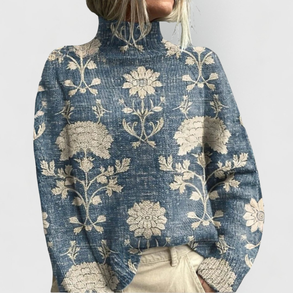 Women's Blue Floral Knitted Roll Neck Jumper
