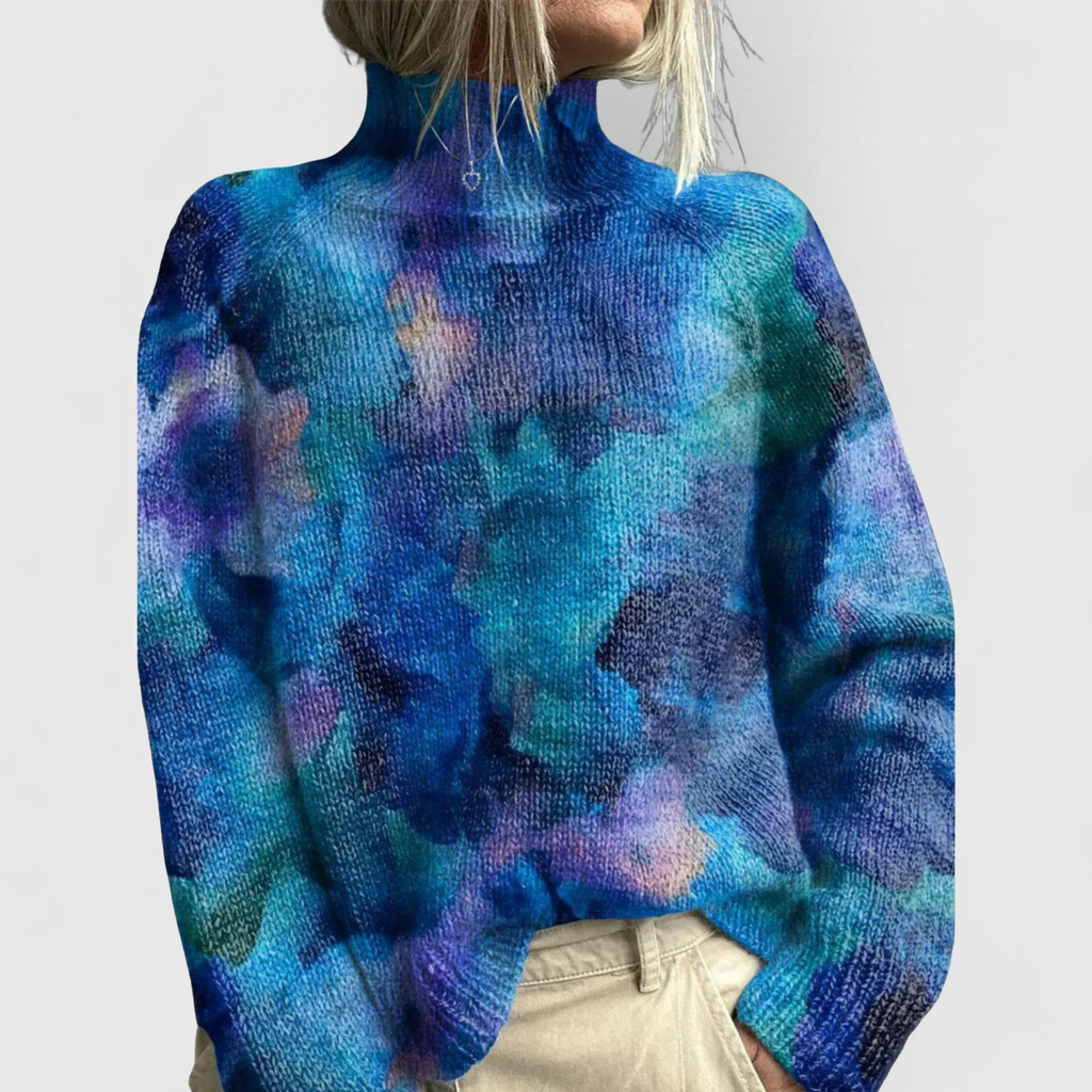 Women's Blue Watercolour Print Roll Neck Jumper
