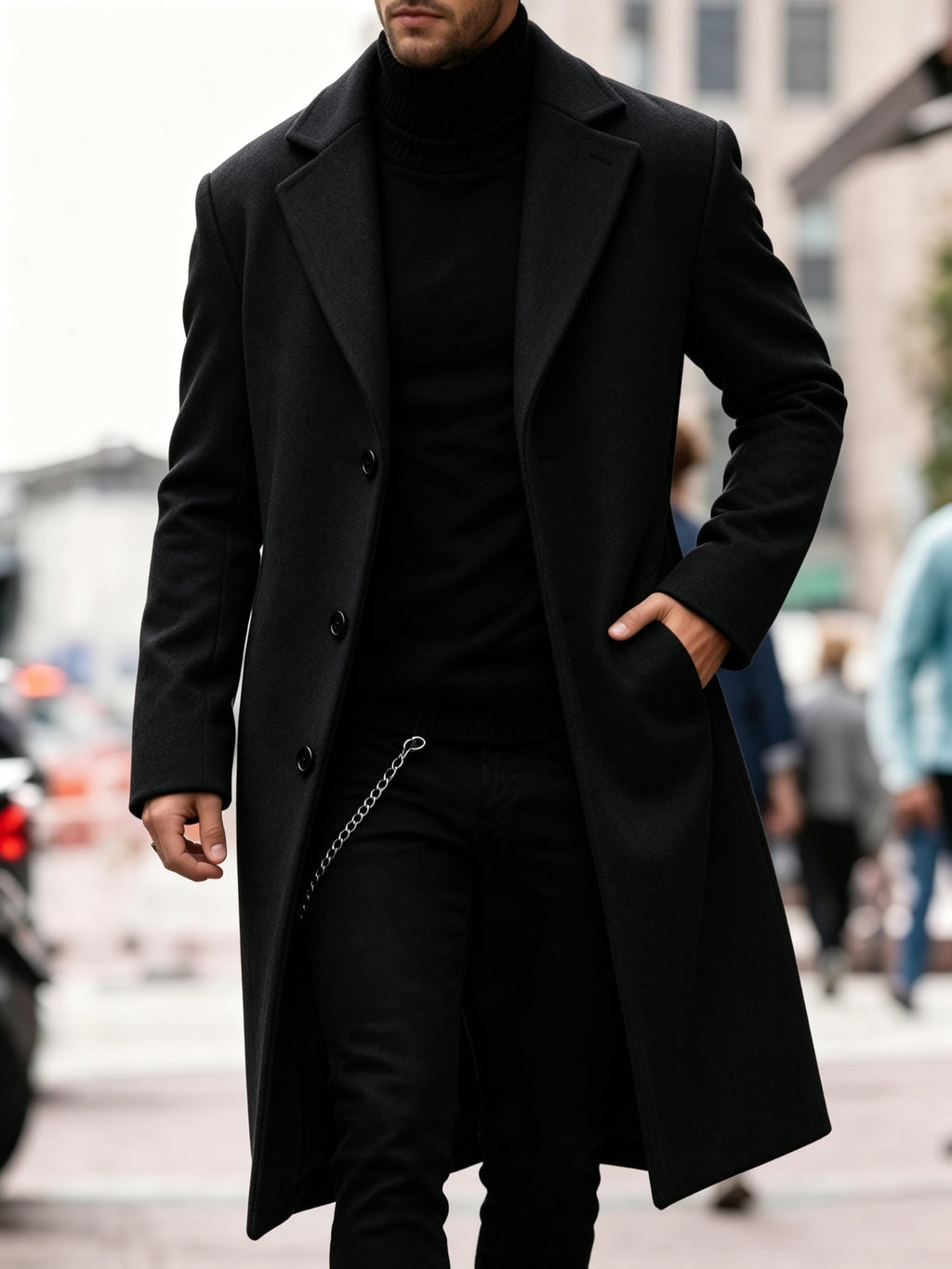 Close-up of sleeve cuff on long trench coat