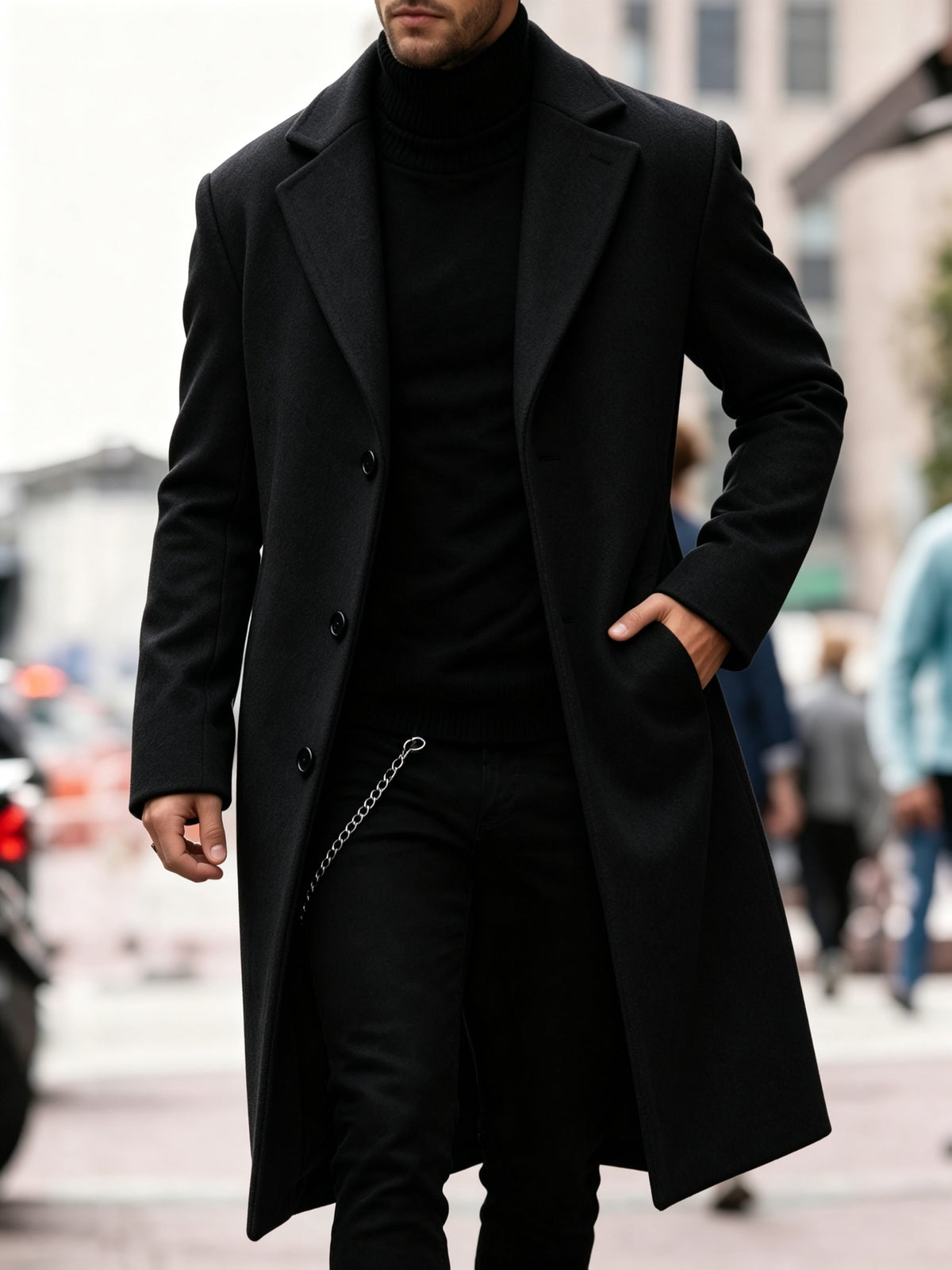 Close-up of sleeve cuff on long trench coat