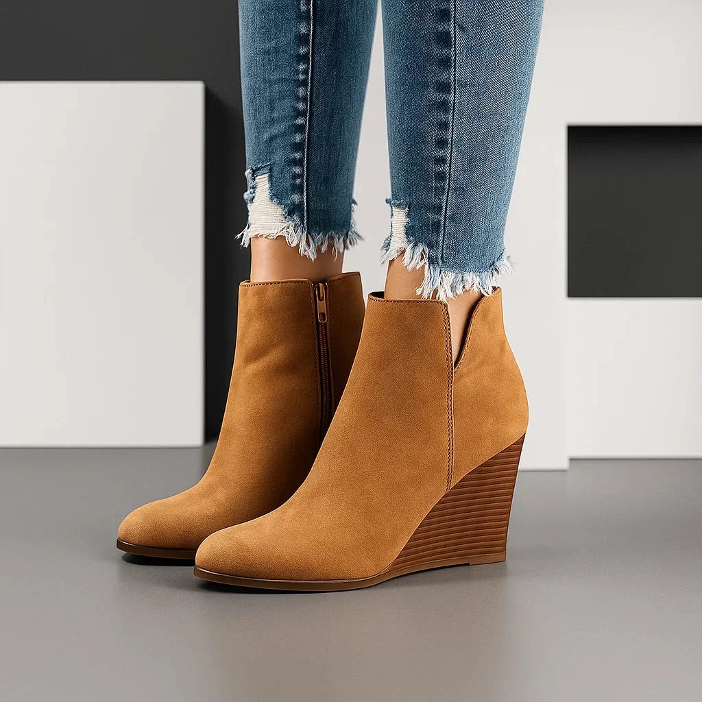 Women's camel suede wedge ankle boots