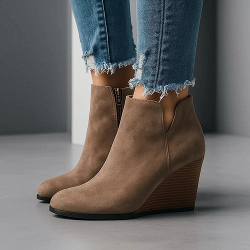 Women's taupe suede wedge ankle boots