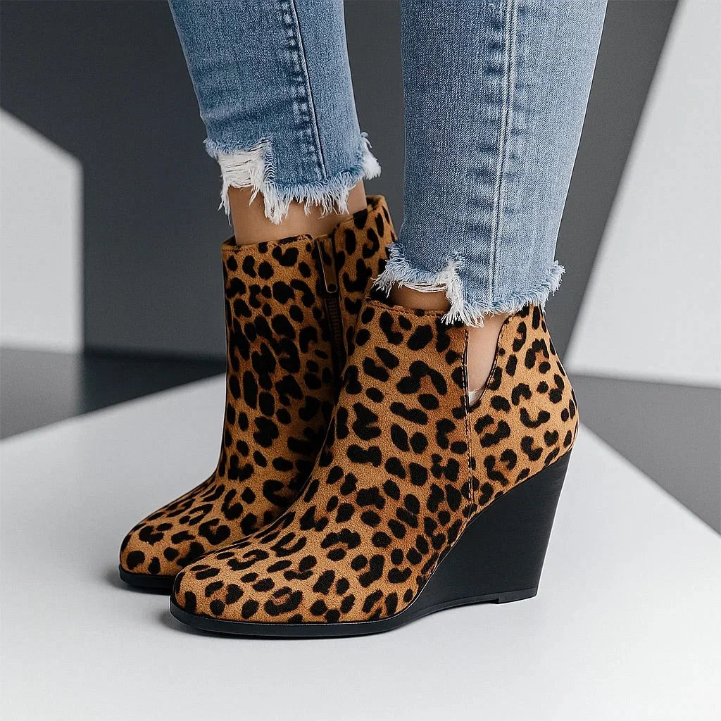 Women's brown with leopard print suede wedge ankle boots
